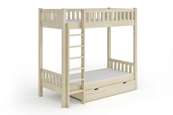 Łóżko piętrowe z dużym odstępem pomiędzy łóżkami KAROLINA - surowe drewno