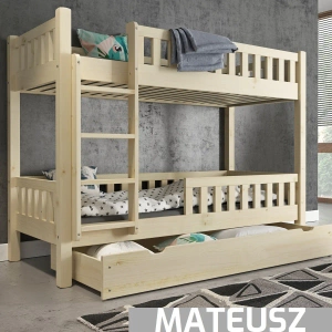 Łóżko piętrowe 2 - 3-osobowe z szufladą - leżyskiem lub szufladami w opcji MATEUSZ - surowe drewno
