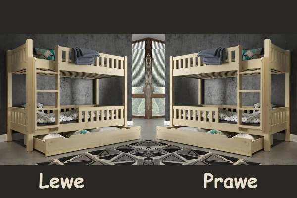 Łóżko piętrowe 2 - 3-osobowe z szufladą - leżyskiem lub szufladami w opcji MATEUSZ - lakier bezbarwny