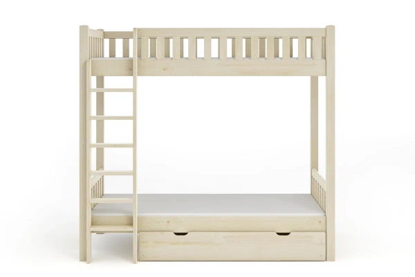 Łóżko piętrowe z dużym odstępem pomiędzy łóżkami KAROLINA - surowe drewno