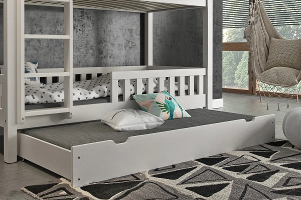 Łóżko piętrowe 2 - 3-osobowe z szufladą - leżyskiem lub szufladami w opcji MATEUSZ - lakier bezbarwny