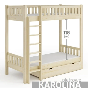 Łóżko piętrowe z dużym odstępem pomiędzy łóżkami KAROLINA - surowe drewno