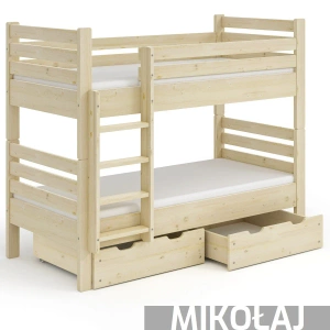 Łóżko hotelowe piętrowe rozkładane na dwa z szufladami w opcji MIKOŁAJ  - lakier bezbarwny