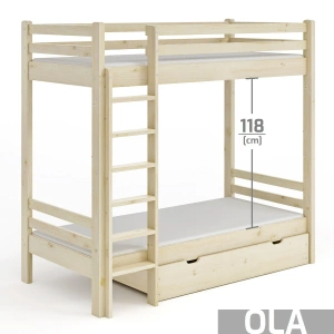 Łóżko piętrowe z dużym odstępem pomiędzy łóżkami OLA - surowe drewno